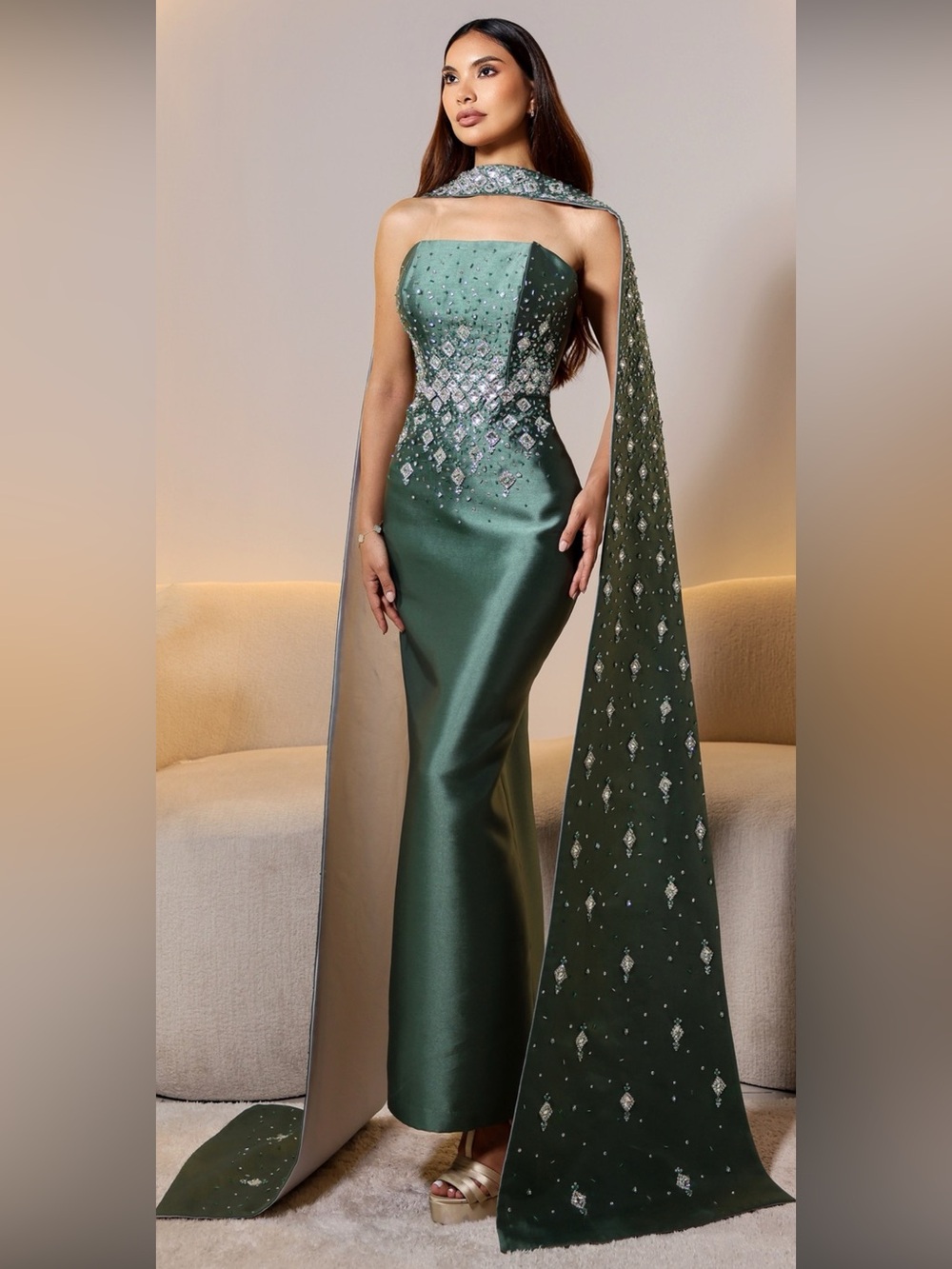 Emerald Strapless Evening Gown with Embellished Cape
